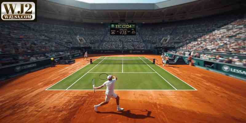A professional tennis match in progress with live betting odds on screen