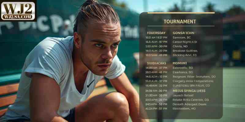 Tennis player resting between matches with tournament schedule overlay